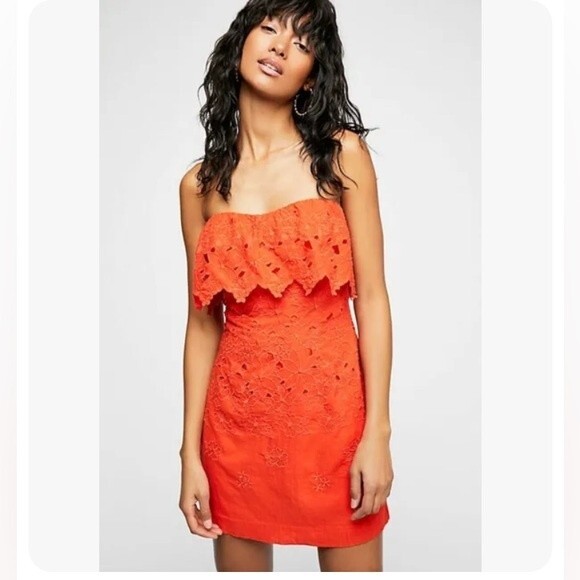 FREE PEOPLE Morning Dove Strapless Orange/Red Mini Dress Size 10‎ - Picture 1 of 8
